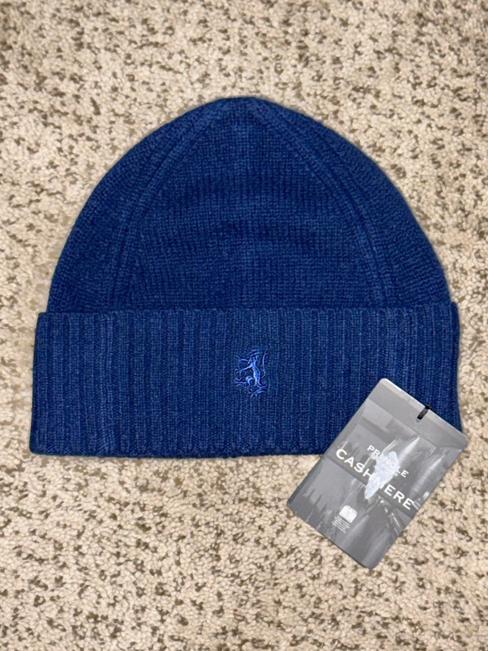 PRINGLE OF SCOTLAND *NWT* 100% Cashmere Beanie Navy Melange Ribbed Cuff Lion